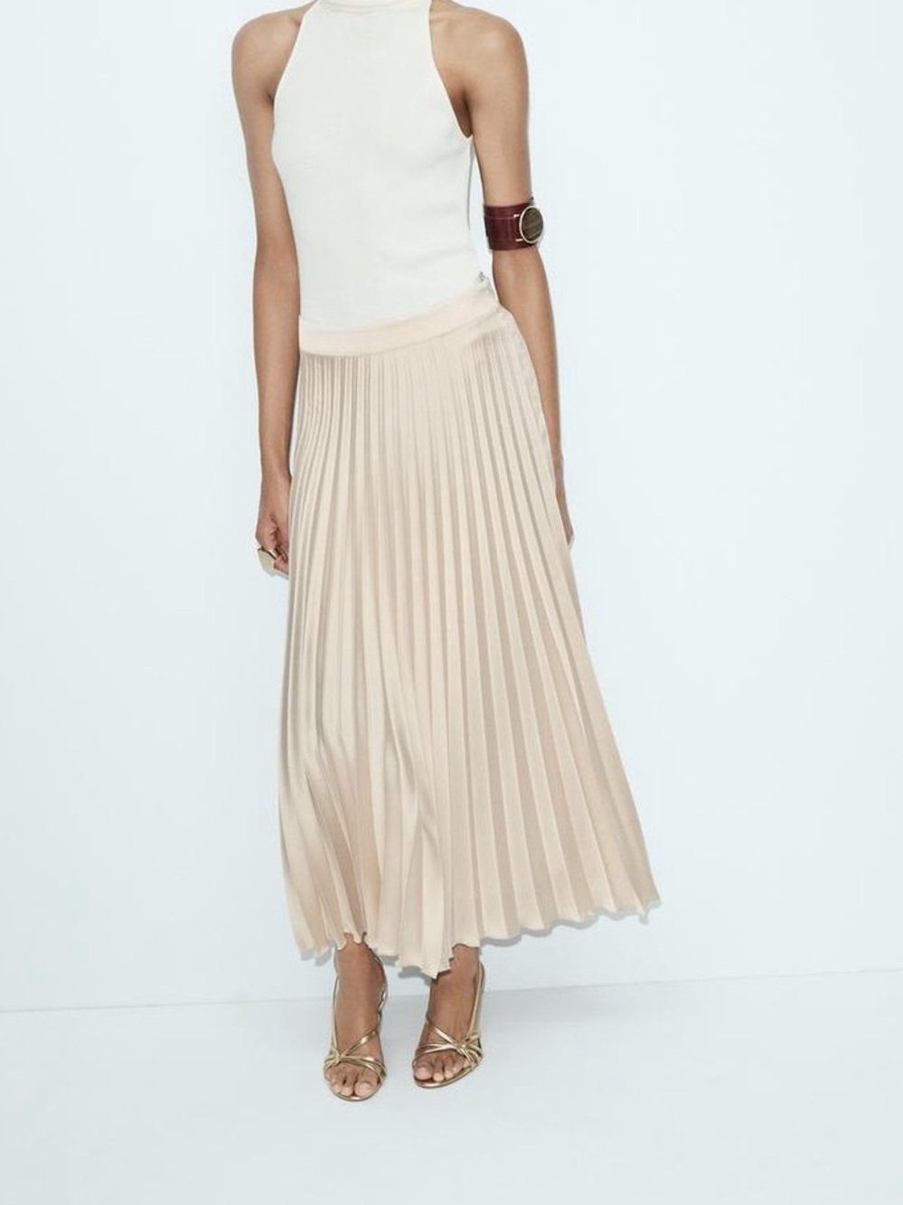 Zara Satin Pleated Midi Skirt Ecru XS Minimalist Elegant Flowy